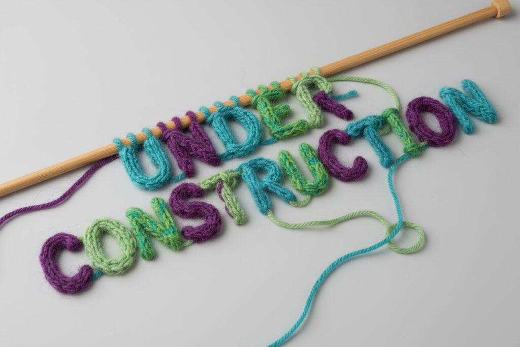 The words "UNDER CONSTRUCTION" are knitted in purple, green, and blue yarn on a wooden knitting needle against a light gray background.