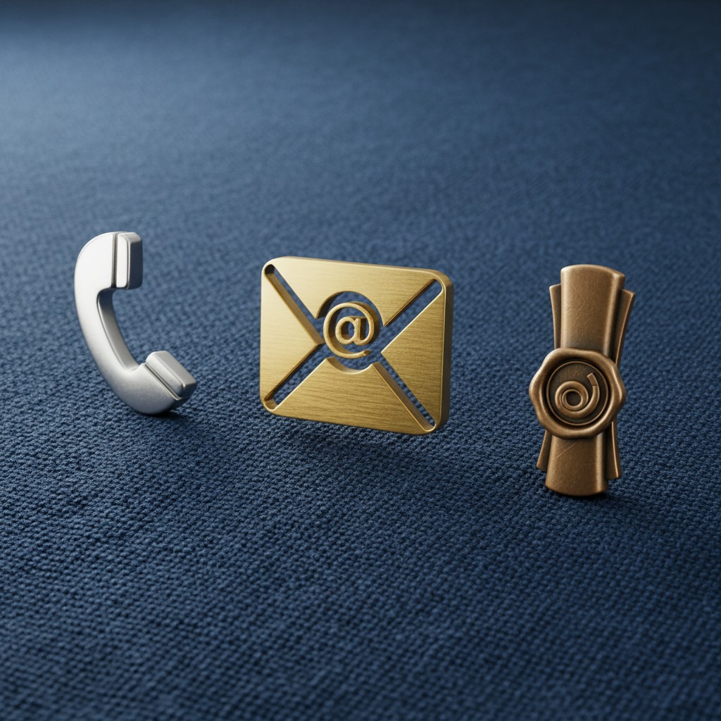 Three 3D metallic icons representing a phone receiver, an envelope, and a rolled-up document stand on a dark blue fabric background.
